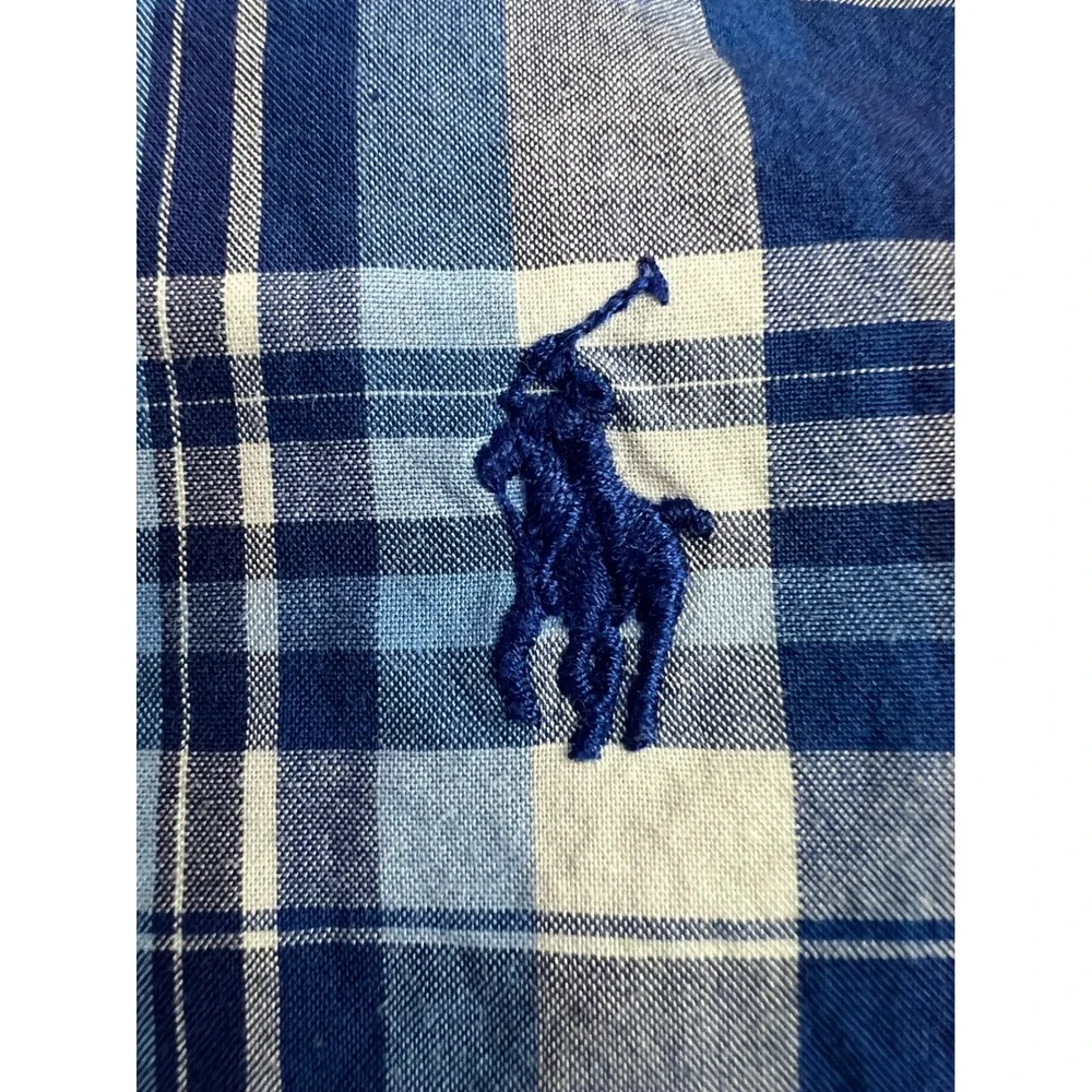 Ralph Lauren Button Down Shirt Boys Large 14-16 Blue Excellent Plaid Classic A56